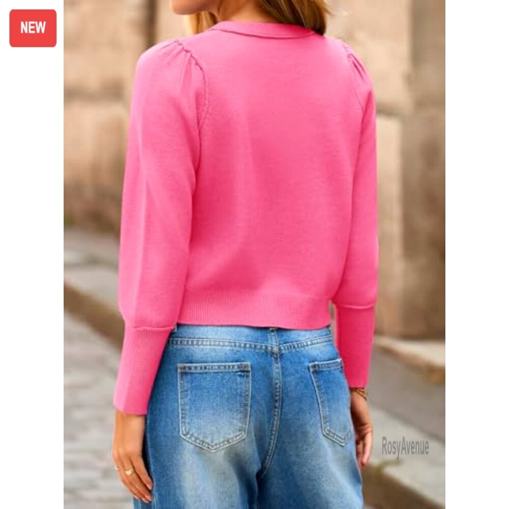 Cropped Cardigan Sweater Crew Neck Button Down Long Puff Sleeve Loose Knit - Picture 5 of 6